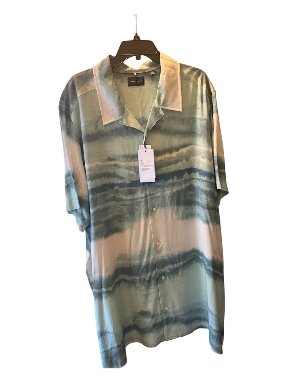 Perry Ellis Teal & Cream Wave-Stripe Short Sleeve Button Shirt Sz 3 XLT